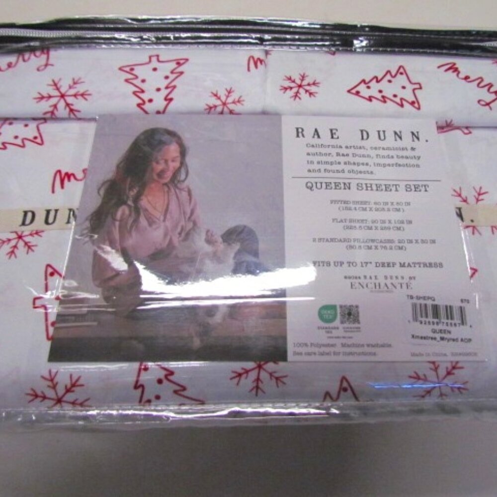 NEW Queen size Rae Dunn Snowflakes design White w Red sheet set